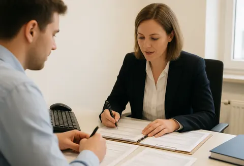 An accountant and client review documents at a desk in a bright office. The accountant writes with a pen while the client observes, showing professional service and attention to detail.
