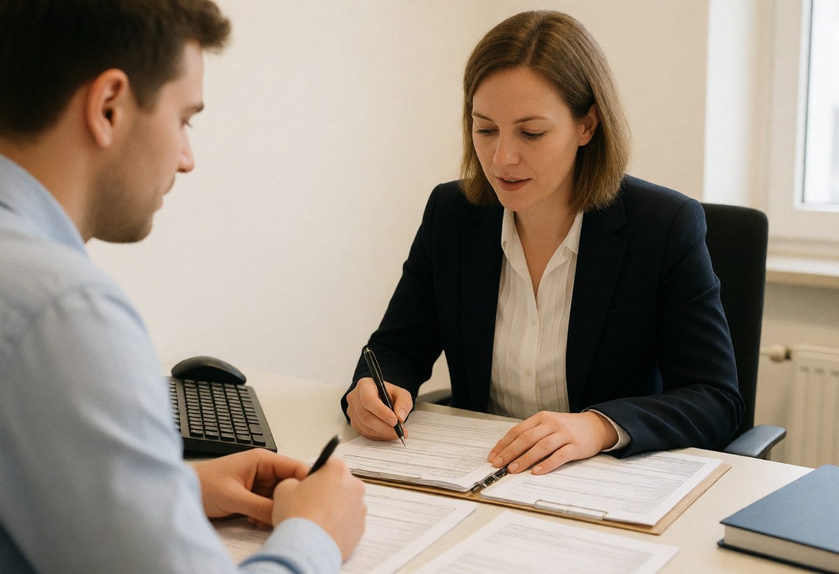 An accountant and client review documents at a desk in a bright office. The accountant writes with a pen while the client observes, showing professional service and attention to detail.
