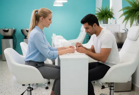A woman receives a manicure from a stylist in a bright salon with turquoise walls, white chairs, and plants.