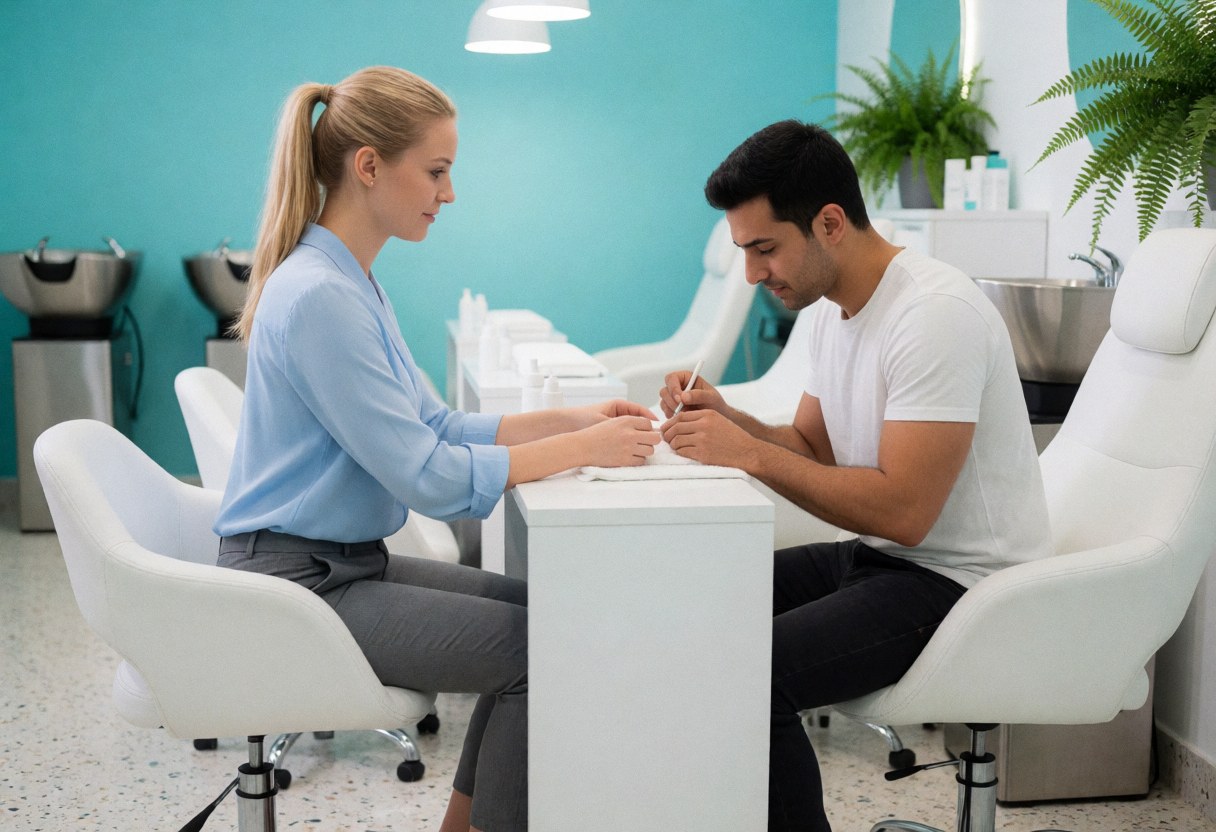 A woman receives a manicure from a stylist in a bright salon with turquoise walls, white chairs, and plants.