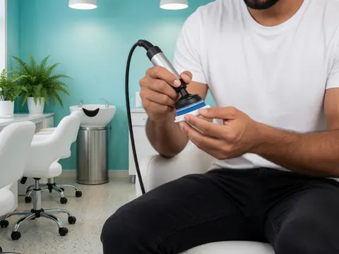 A close-up view of manicure tools and a buffer resting on a surface with a turquoise wall and terrazzo floor in a clean salon setting