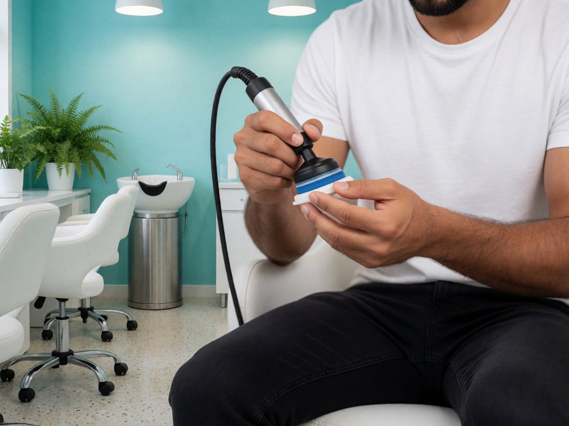 A close-up view of manicure tools and a buffer resting on a surface with a turquoise wall and terrazzo floor in a clean salon setting