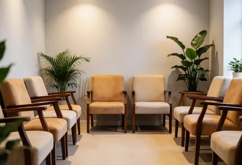 A serene spa waiting area featuring comfortable seating, lush green plants, and warm ambient lighting against gray walls.