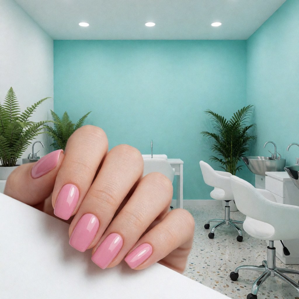 A close-up view of perfectly manicured pink nails displayed in a bright nail salon with turquoise and white decor, wooden elements, and green ferns.