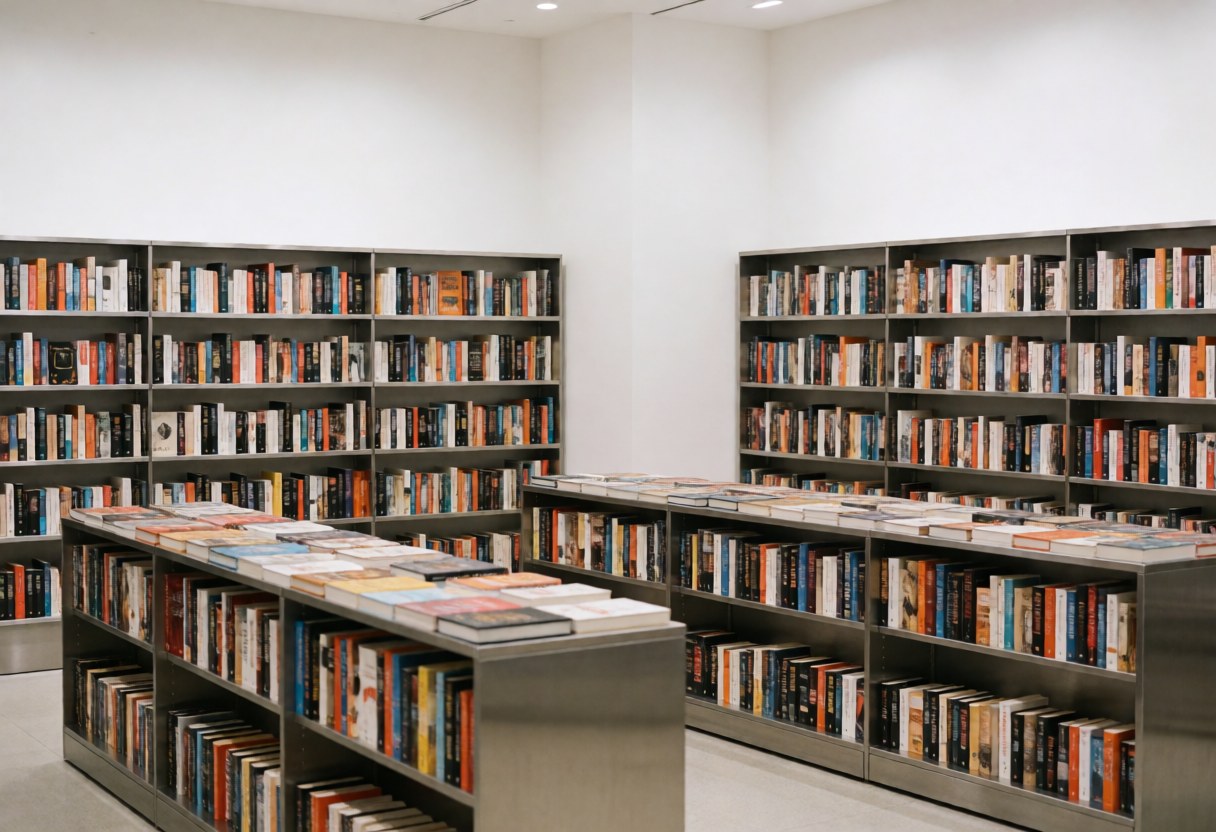 Modern bookstore interior featuring steel shelves, white walls, and books arranged in geometric patterns with bright lighting and a clean space.
