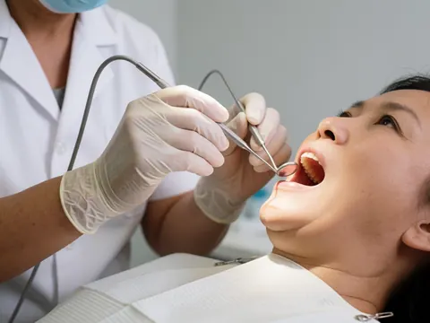 Dentist performing a routine dental examination on a patient using standard tools like a mirror and probe in a clinical setting