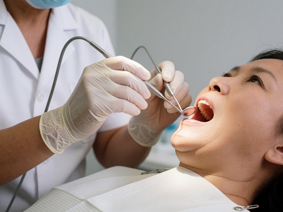 Dentist performing a routine dental examination on a patient using standard tools like a mirror and probe in a clinical setting