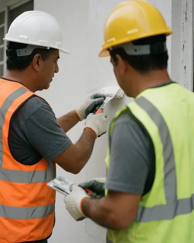 Two workers wearing helmets and vests paint an exterior wall with brushes and rollers, showing the finished paint job.