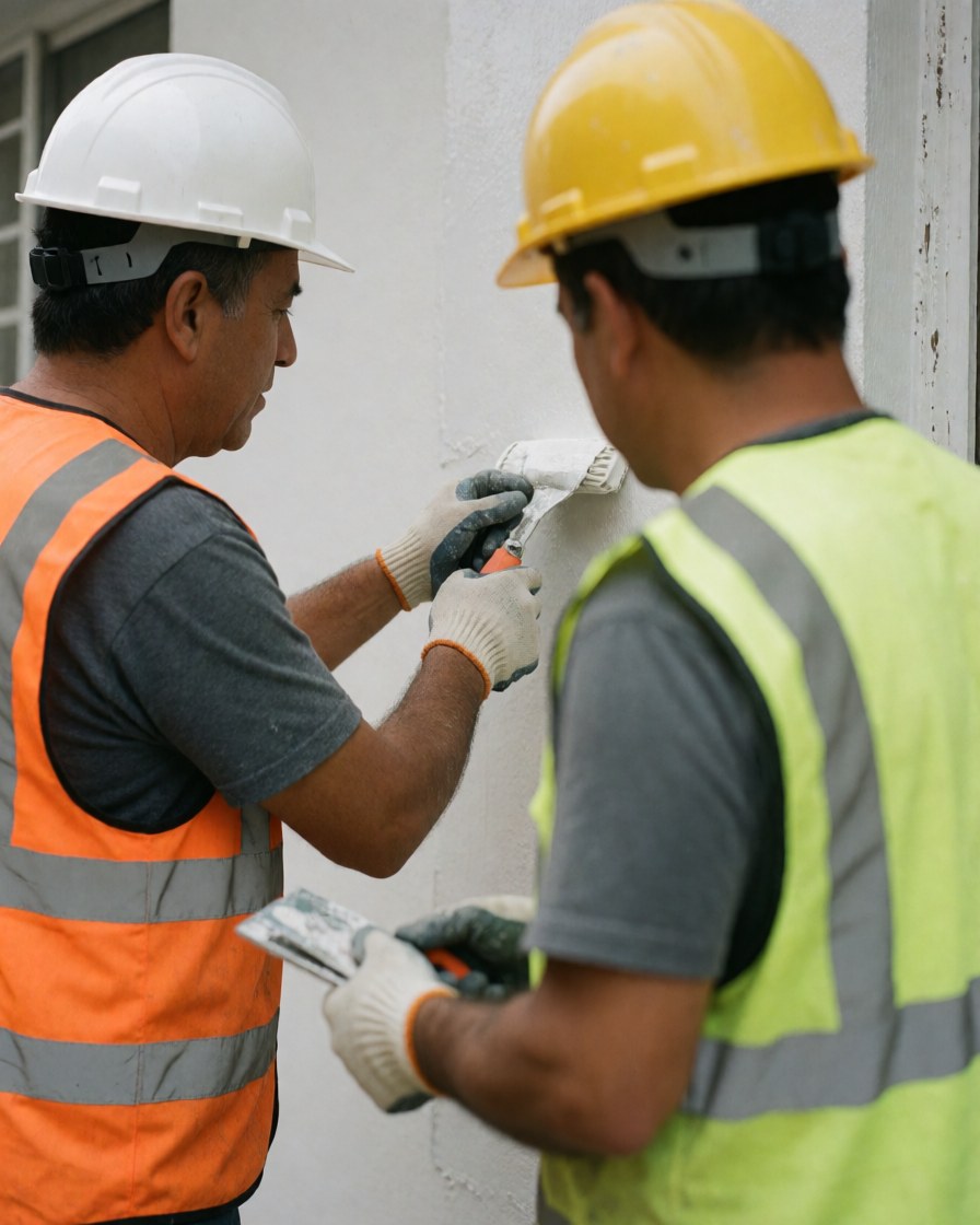 Two workers wearing helmets and vests paint an exterior wall with brushes and rollers, showing the finished paint job.