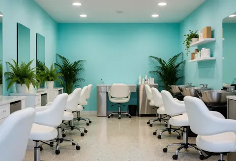 A clean and modern nail salon interior featuring empty styling chairs, large mirrors, potted plants, and terrazzo flooring ready for business opening