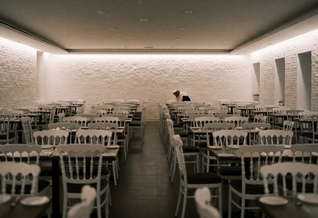 Empty event room featuring white tables and chairs against white brick walls with soft lighting and a person working in the background