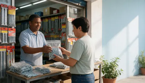 Hardware store clerk hands a bag of screws to a customer at the entrance with tools visible in the background and natural light.