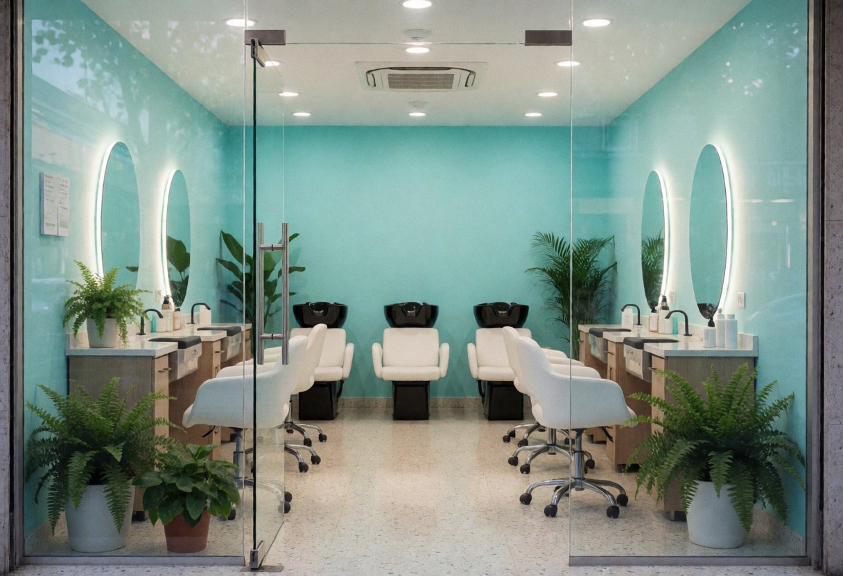 A welcoming and cozy entrance featuring mirrors, chairs, and plants in a modern nail salon with turquoise and white decor