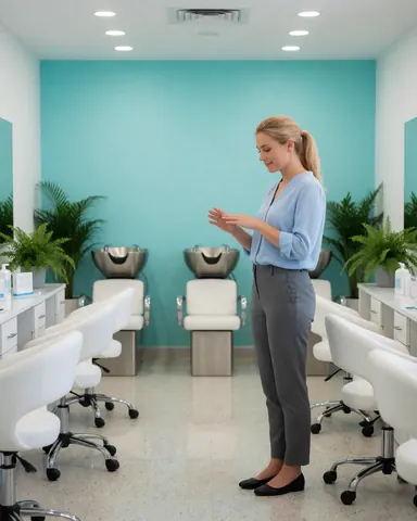 A smiling woman sits in a white salon chair with turquoise walls and plants, showing off her freshly manicured nails after a beauty treatment.