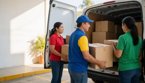 Three workers load cardboard boxes into the back of a white van in a loading area with white walls and a potted plant.