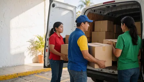 Three workers load cardboard boxes into the back of a white van in a loading area with white walls and a potted plant.