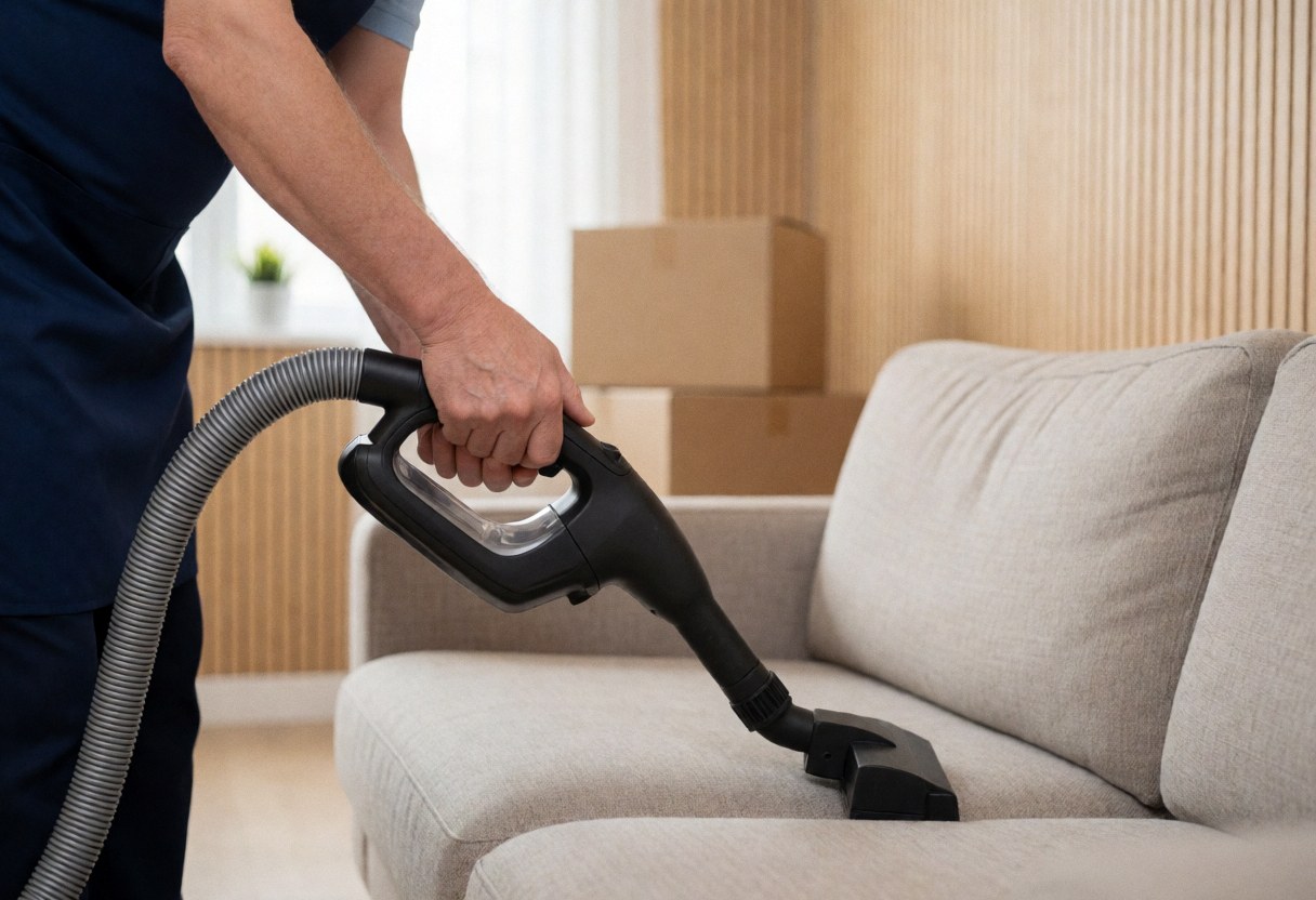 A professional cleaner in a blue uniform uses a vacuum to clean a beige sofa in a room with light wood walls and natural lighting.