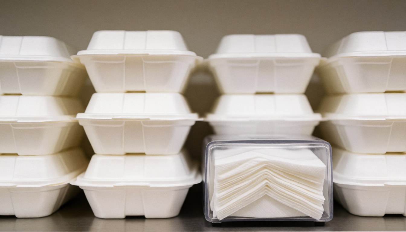 Blurred background of fast food containers and a napkin dispenser, ideal for restaurant advertising and text overlays.