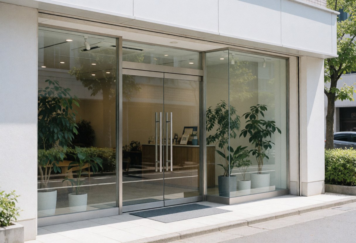 Modern consulting office facade featuring large glass windows, lush green indoor plants, and bright natural light welcoming professional clients.