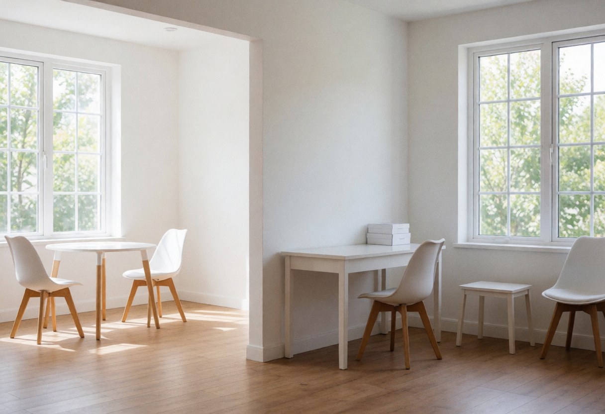 Bright and minimalist interior of a clean beauty clinic featuring white treatment tables, chairs, and large windows letting in natural light