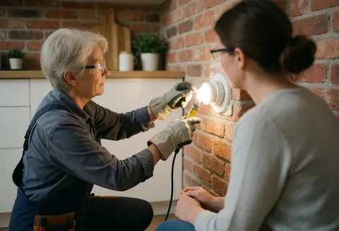 A female electrician installs a light fixture on a brick wall while a client watches the work closely.