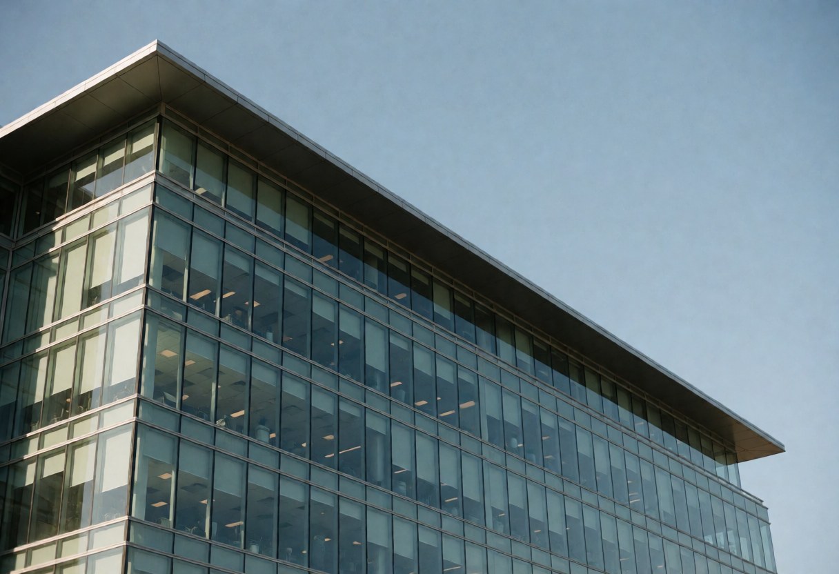 Modern office building with glass facade and clear blue sky, suitable for accounting firms and professional businesses