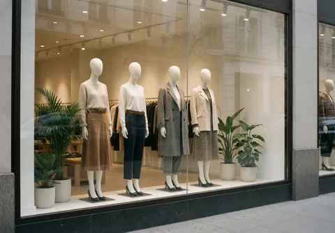 Fashion store window display featuring dressed mannequins, green plants, and soft lighting creating a calm professional atmosphere