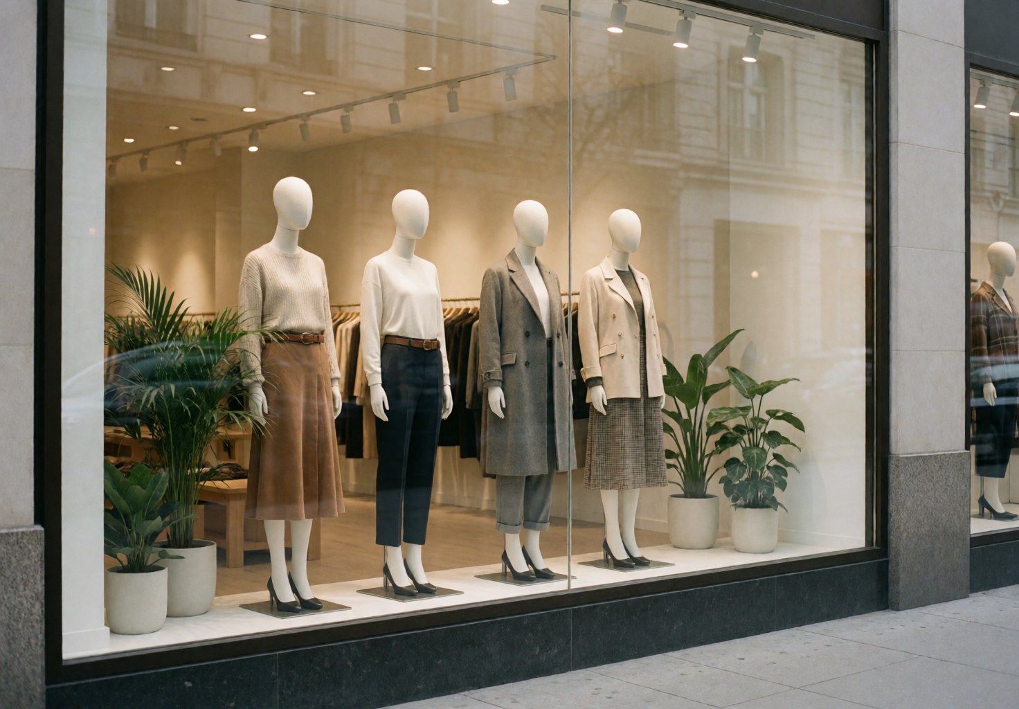 Fashion store window display featuring dressed mannequins, green plants, and soft lighting creating a calm professional atmosphere