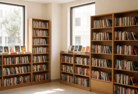Clean and inviting bookstore interior featuring wooden bookshelves filled with books and natural light from windows