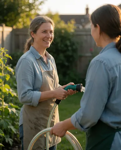 A smiling woman wearing a work apron holds a garden hose while tending to plants in an outdoor home setting with soft golden light