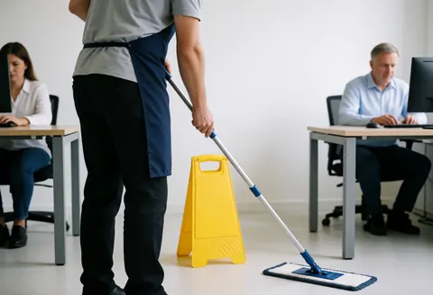 A worker using a mop to clean the office floor as part of a professional cleaning service
