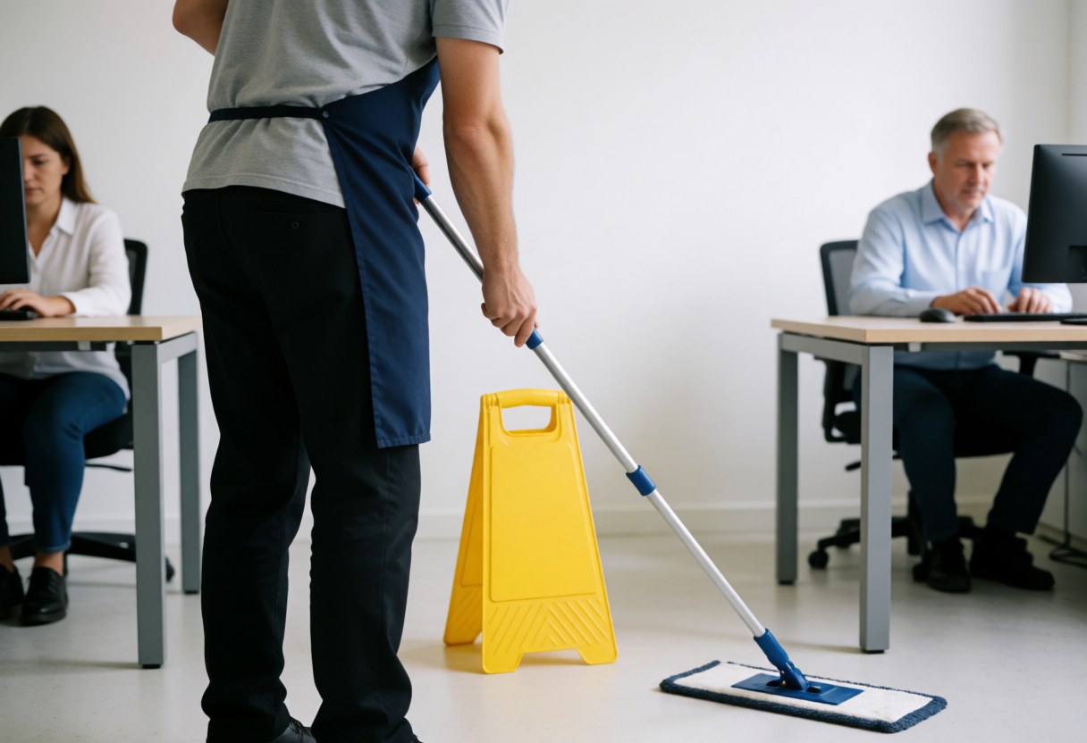 A worker using a mop to clean the office floor as part of a professional cleaning service