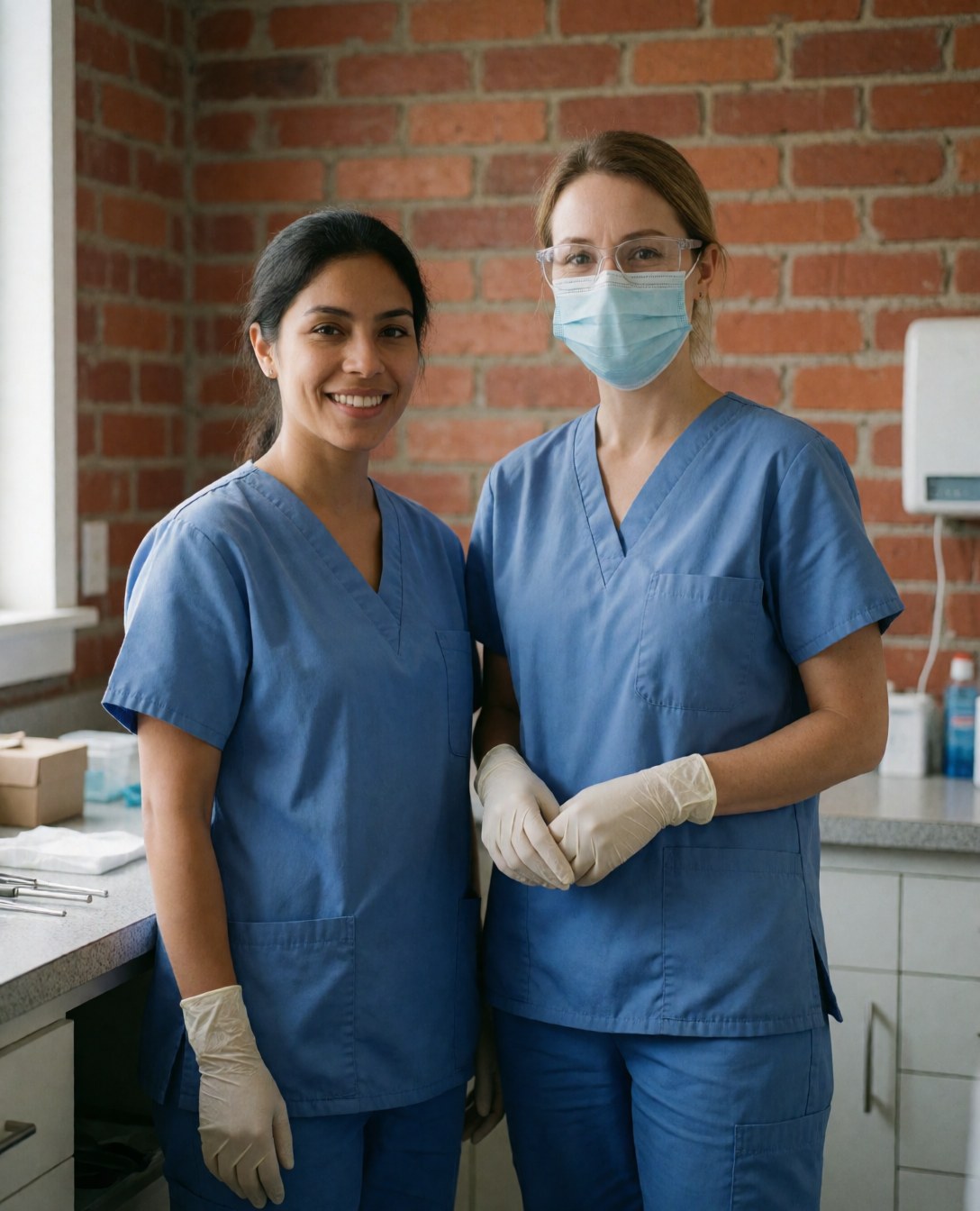 Two smiling dental assistants wearing blue uniforms and gloves standing in a clean sterilization room with a brick wall.
