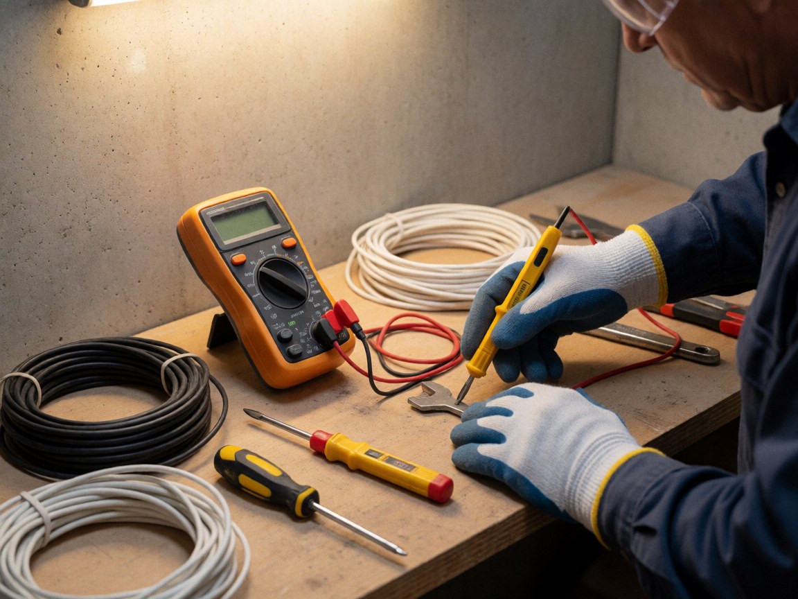 Electrician wearing safety gloves and glasses working with power tools, cables, and a multimeter on a wooden bench under warm lighting.