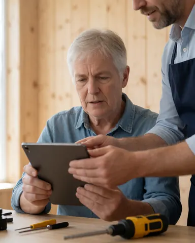 A senior customer sitting at a desk using a tablet while an it technician provides technical support and assistance.