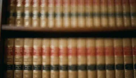 Shelf of law books with warm tones and soft focus, ideal background for law firm websites with space for text overlay.