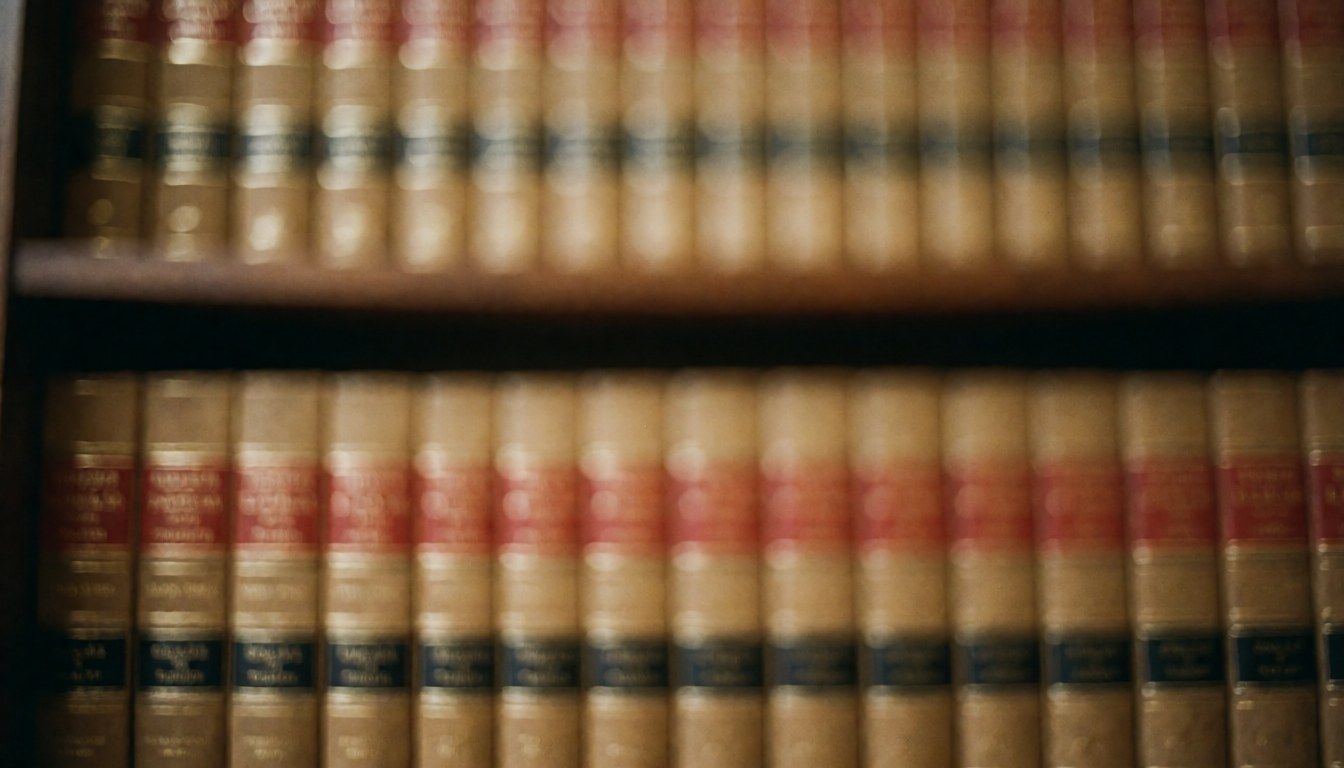 Shelf of law books with warm tones and soft focus, ideal background for law firm websites with space for text overlay.