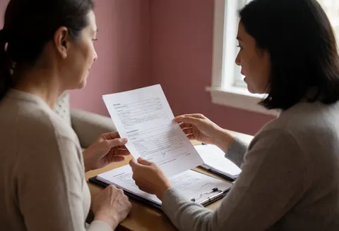 Female accountant and client review paperwork together at an office desk with natural light and dusty rose walls.