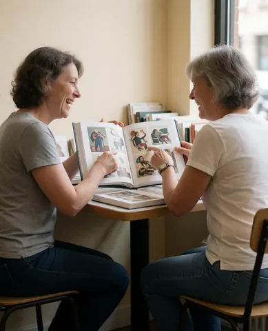 Two older women smiling and looking at an open art book on a wooden table in a bookstore with beige walls and natural light