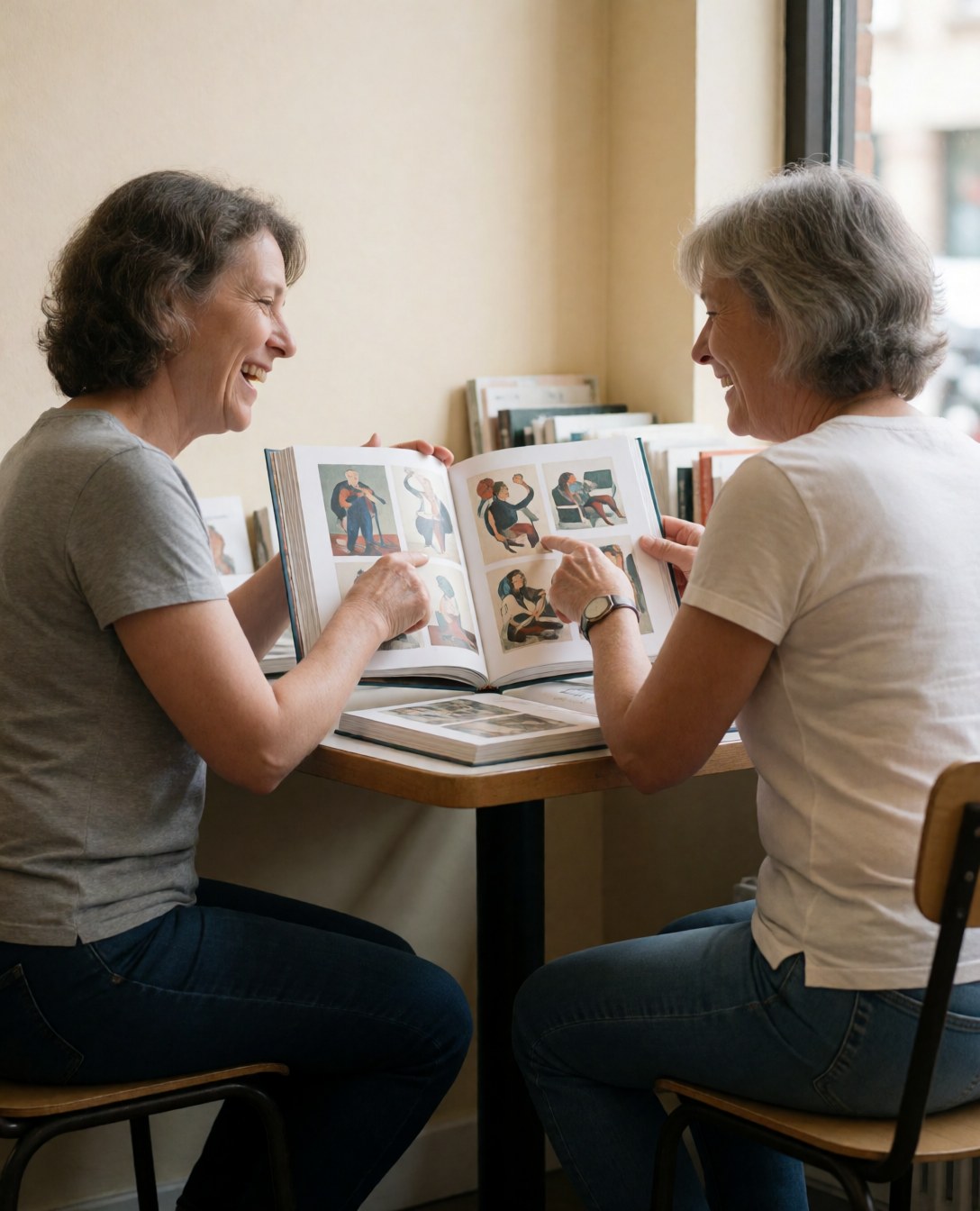 Two older women smiling and looking at an open art book on a wooden table in a bookstore with beige walls and natural light