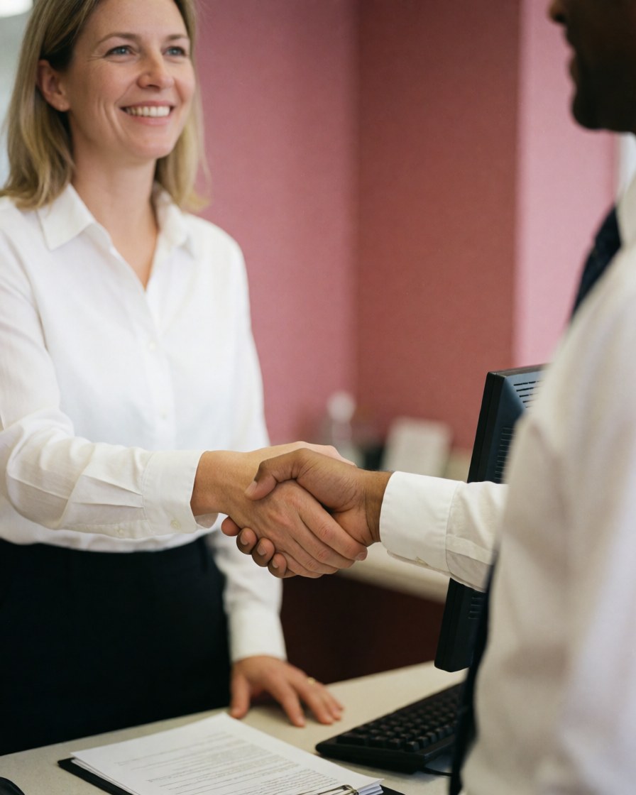 A smiling man and woman shake hands at a desk with a computer and documents, showing trust and positive business collaboration.