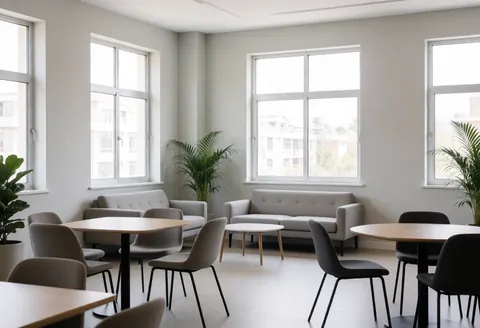 An empty coworking lounge featuring modern furniture, plants, and large windows letting in natural light for a quiet professional workspace