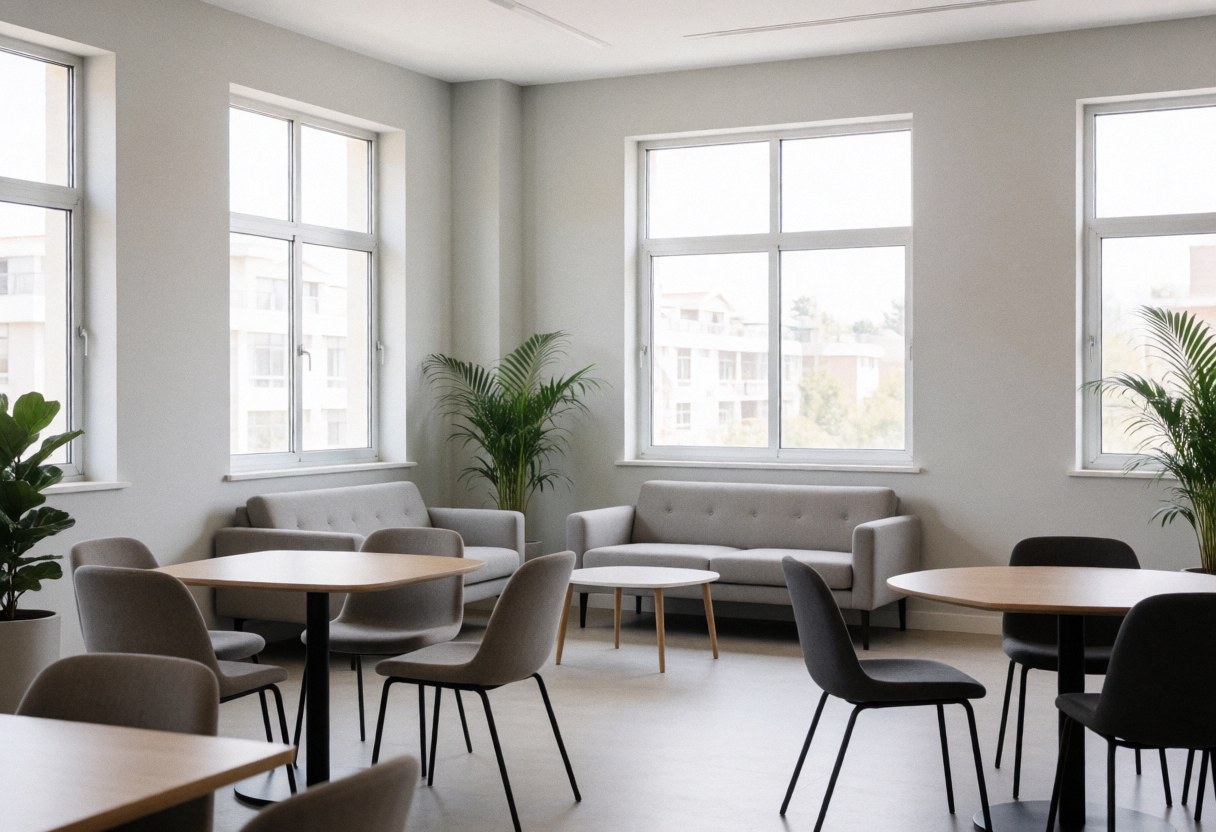An empty coworking lounge featuring modern furniture, plants, and large windows letting in natural light for a quiet professional workspace