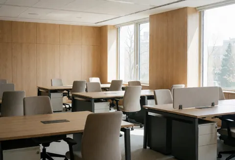 Spacious empty modern office featuring wooden walls, desks, and chairs illuminated by large windows, suitable for professional consulting environments