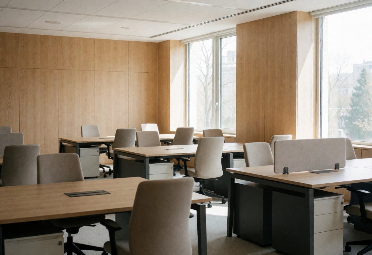 Spacious empty modern office featuring wooden walls, desks, and chairs illuminated by large windows, suitable for professional consulting environments