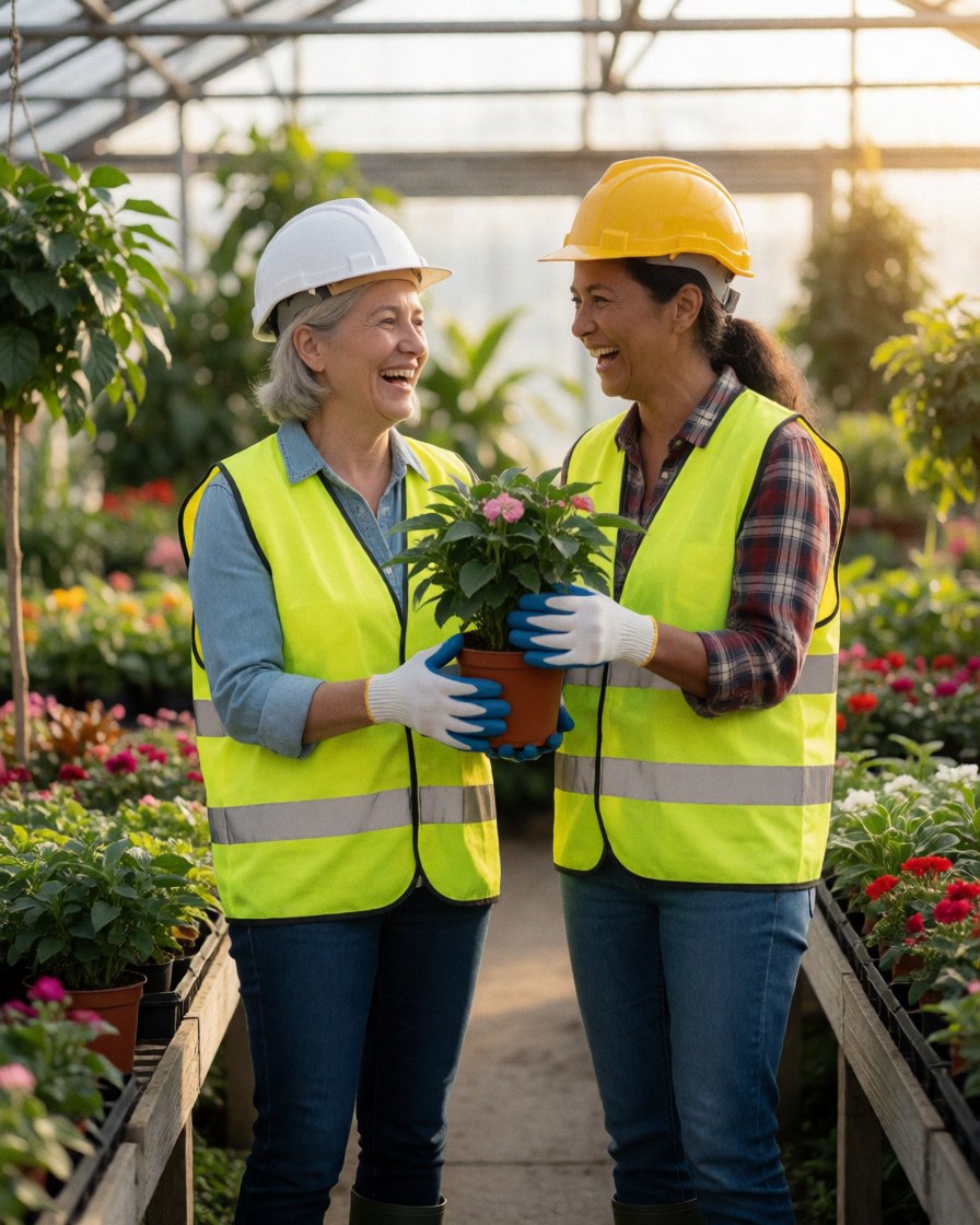 Two female hardware store workers wearing safety helmets and vests laugh while examining a plant in a greenhouse filled with greenery.