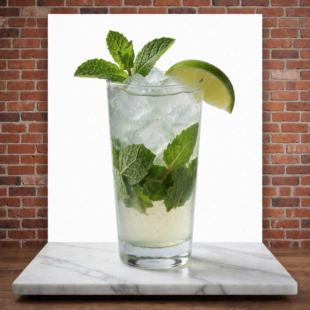 Classic mojito in a tall glass with ice, fresh mint, and lime slice on white marble with red brick background