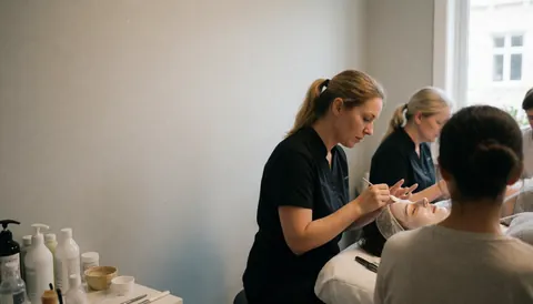 Spacious modern aesthetic clinic room featuring a treatment bed, skincare products, and tools ready for a beauty therapy session