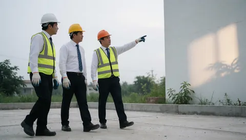 Three engineers in hard hats and safety vests walking on a construction site with a white wall and greenery in the background