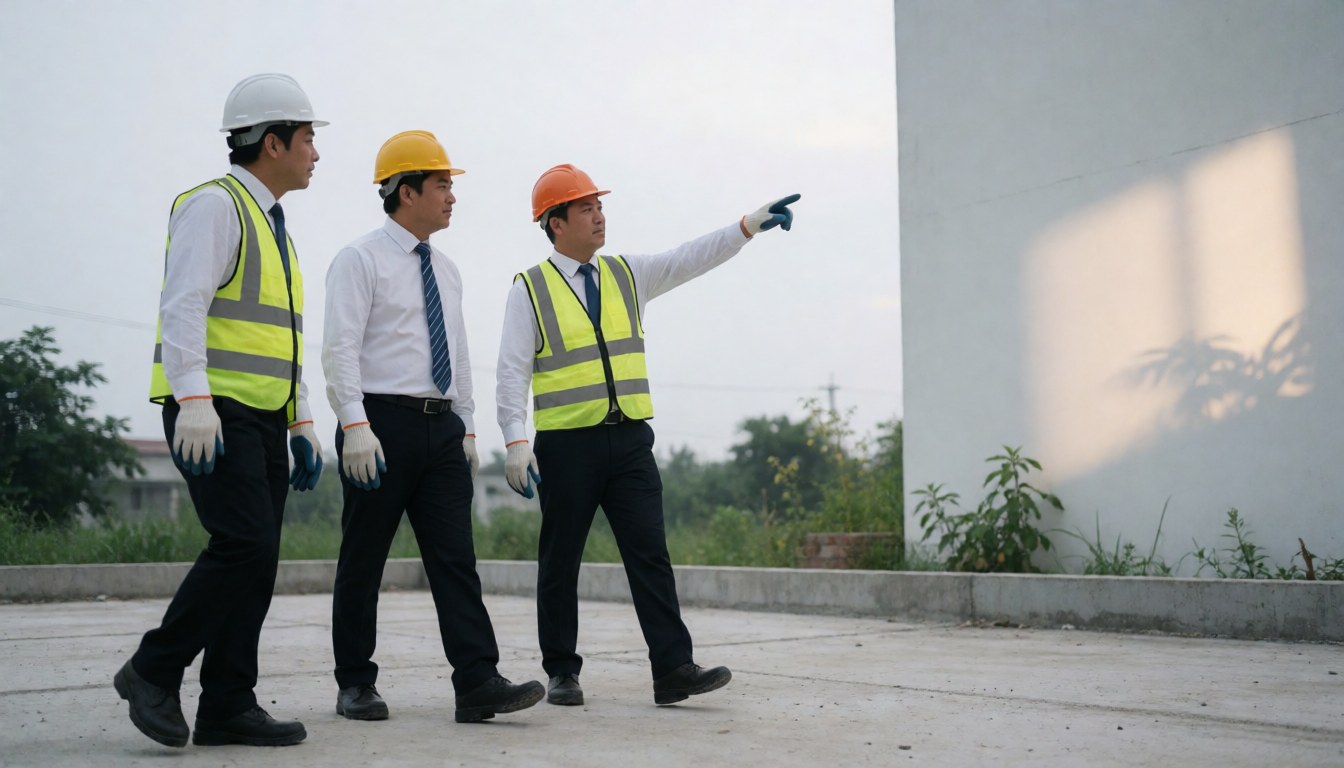 Three engineers in hard hats and safety vests walking on a construction site with a white wall and greenery in the background